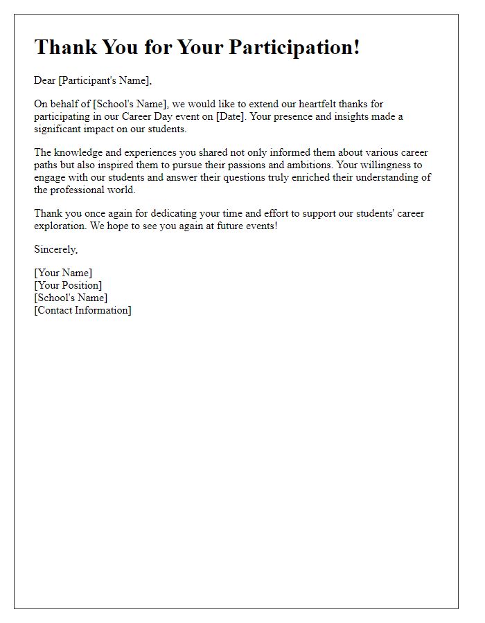 Letter template of thank you for private school career day participation