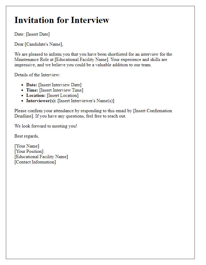 Letter template of candidate invitation for maintenance roles in a private educational facility.