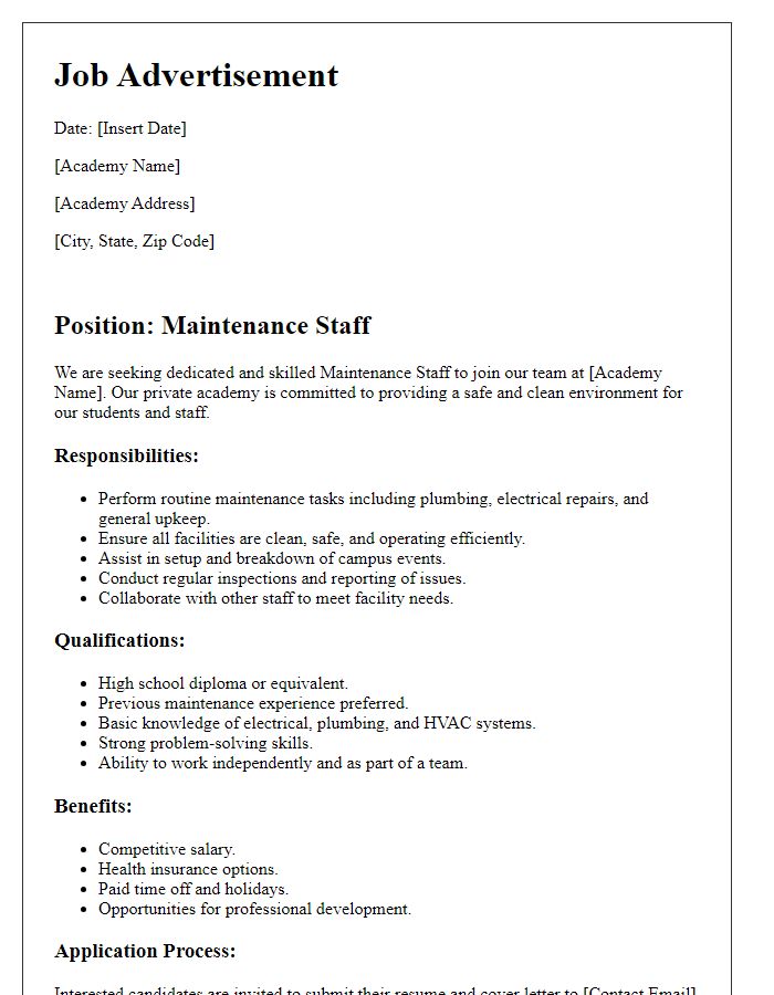 Letter template of job advertisement for maintenance staff at a private academy.