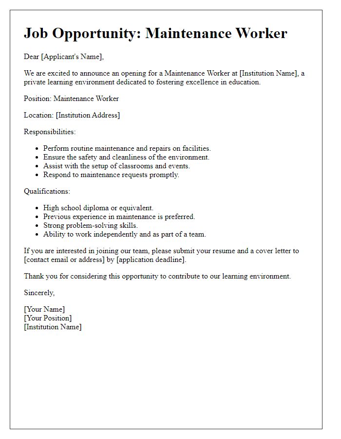 Letter template of job opportunity for maintenance workers in a private learning environment.