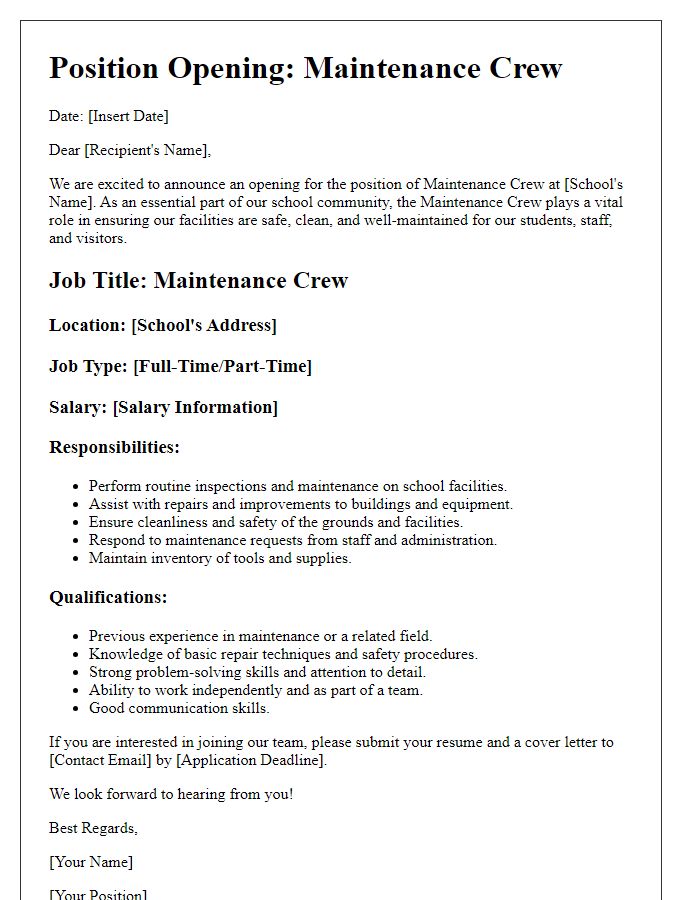 Letter template of position opening for maintenance crew at a private school.