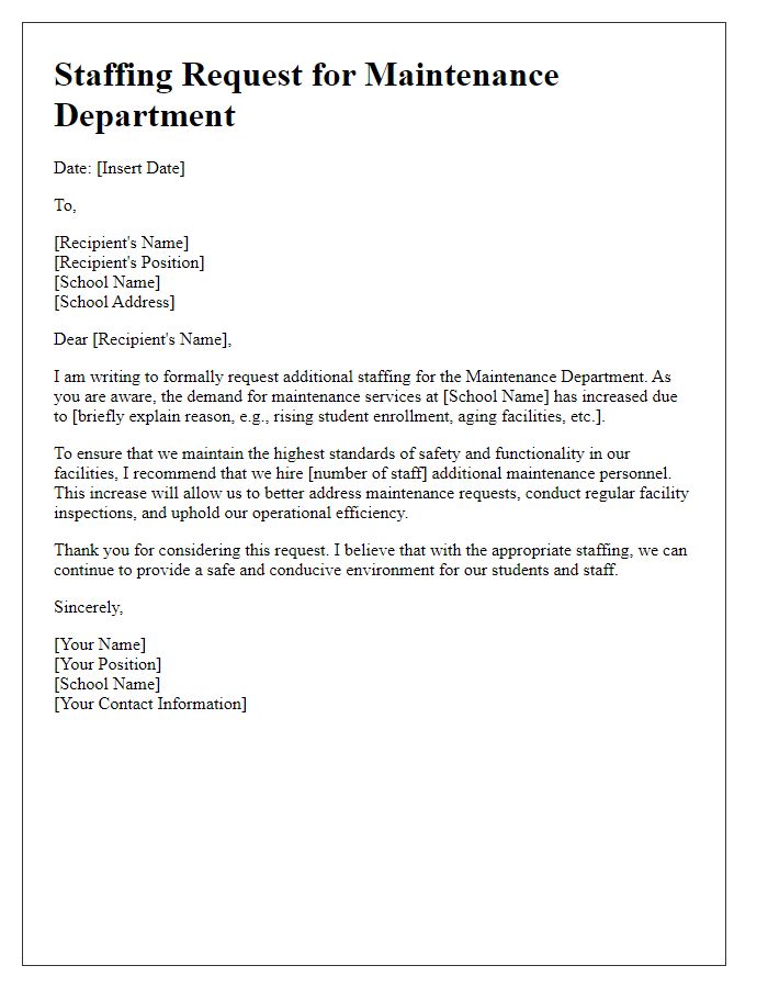 Letter template of staffing request for the maintenance department at a private school.