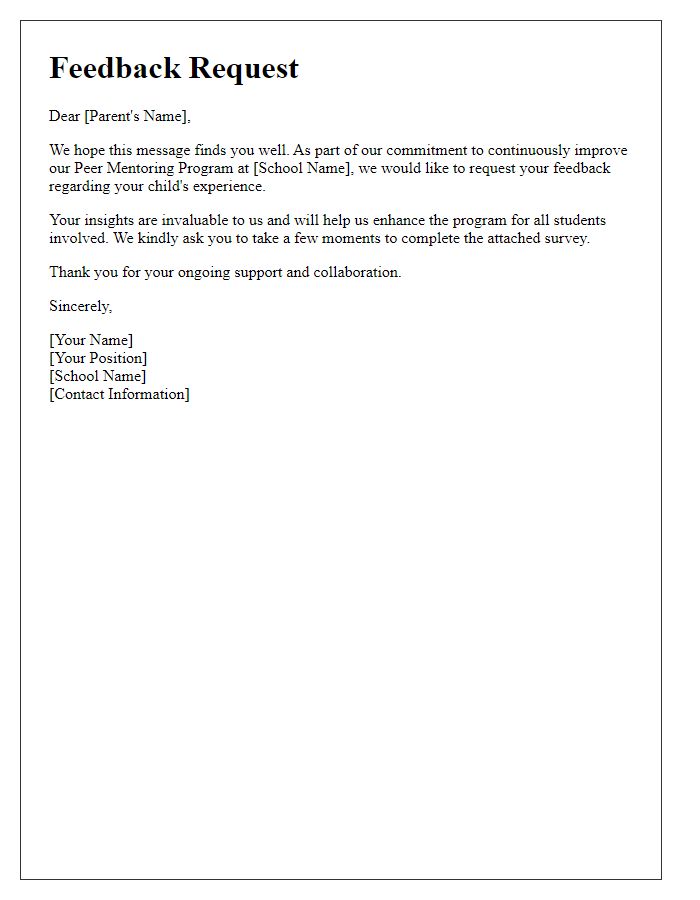 Letter template of feedback request for private school peer mentoring program