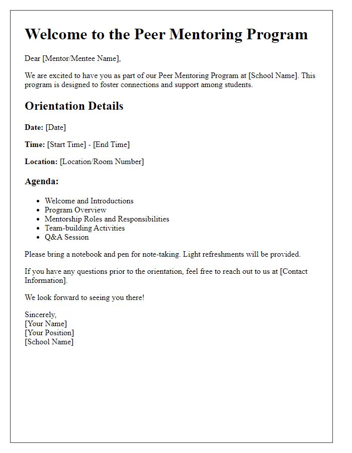 Letter template of orientation details for private school peer mentoring program