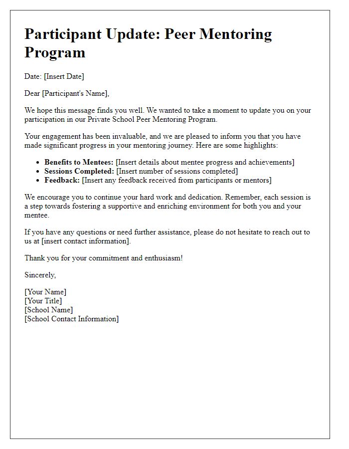 Letter template of participant update in private school peer mentoring program