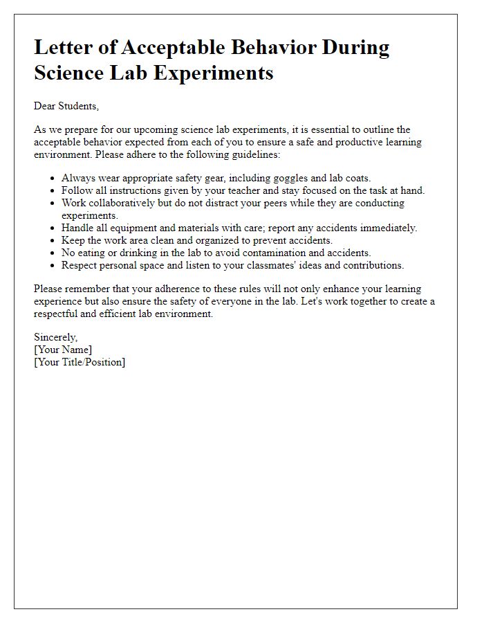 Letter template of acceptable behavior during science lab experiments.