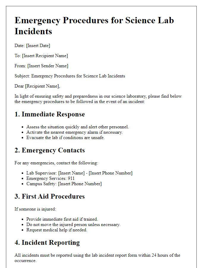 Letter template of emergency procedures for science lab incidents.