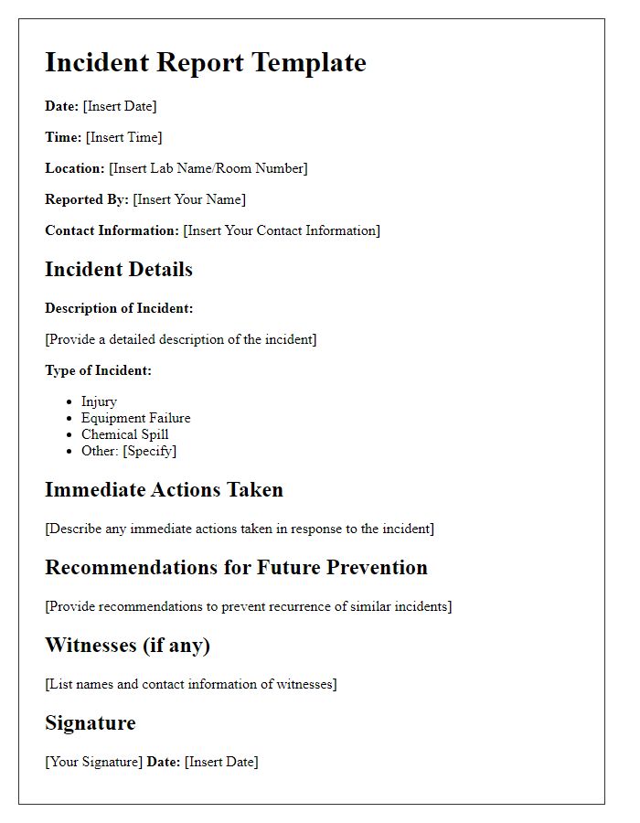 Letter template of incident reporting procedures in the science lab.