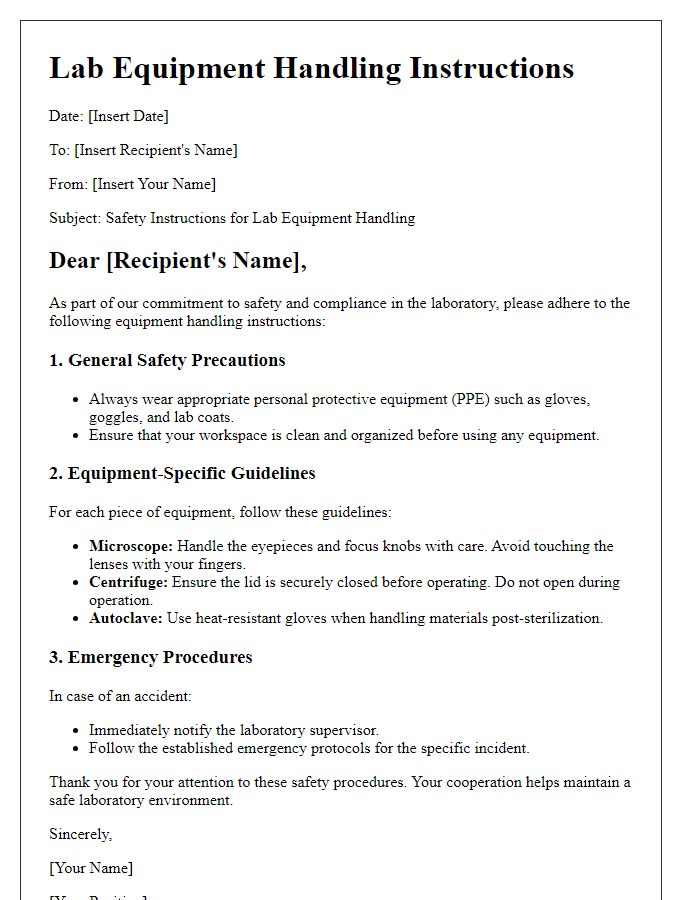 Letter template of lab equipment handling instructions for safety.