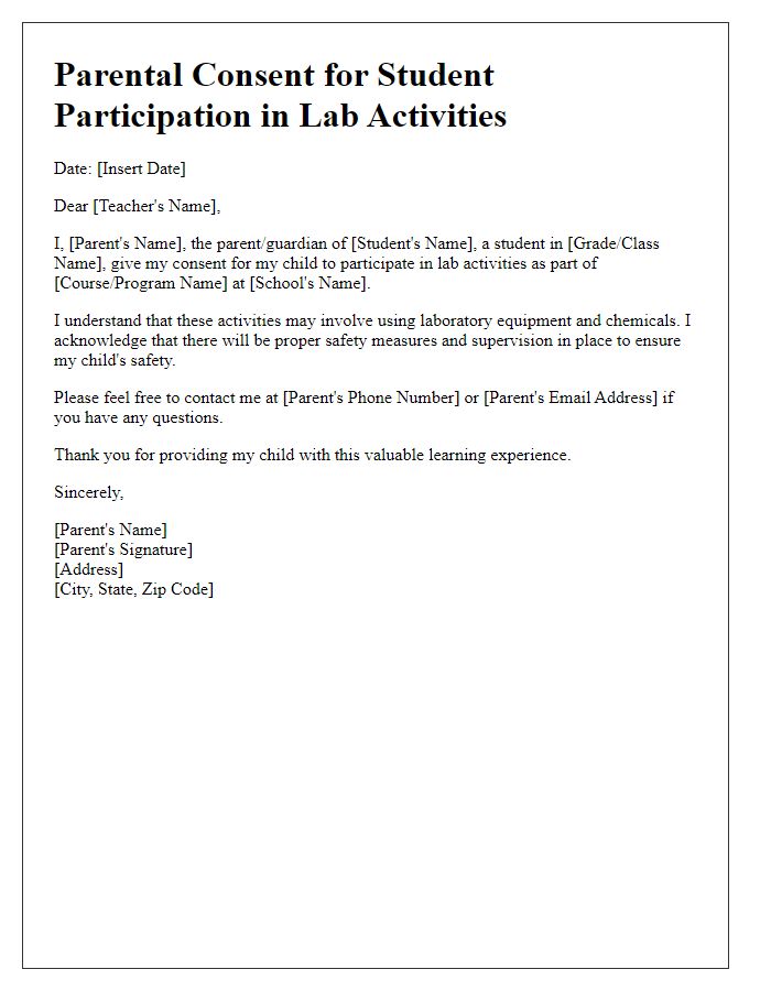 Letter template of parental consent for student participation in lab activities.