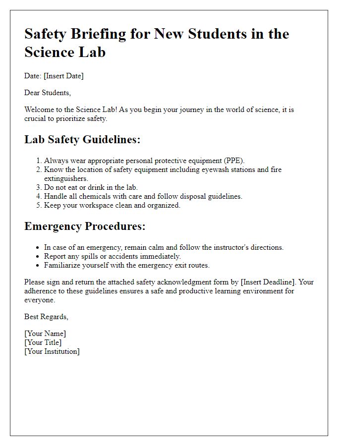 Letter template of safety briefings for new students in the science lab.