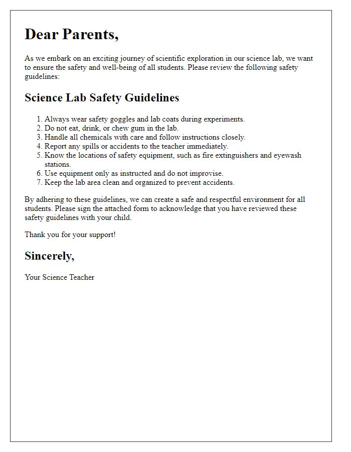 Letter template of science lab safety guidelines for parents.