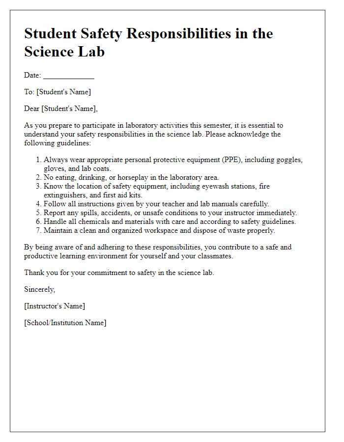 Letter template of student safety responsibilities in the science lab.