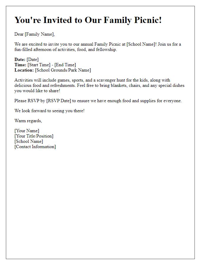 Letter template of a private school family picnic invitation for an afternoon of activities.