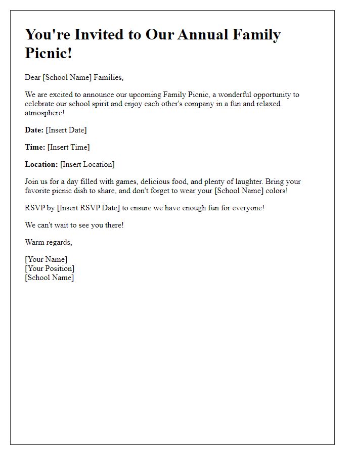 Letter template of a private school family picnic invitation for celebrating school spirit.