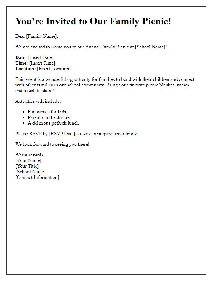 Letter template of a private school family picnic invitation to encourage parent-child interaction.