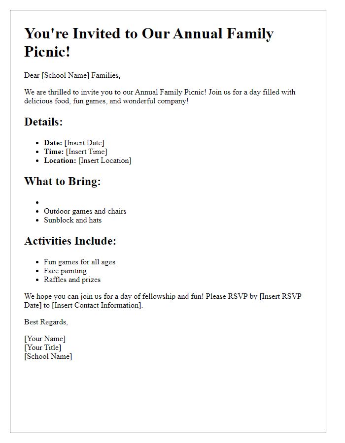 Letter template of a private school family picnic invitation featuring food and games.