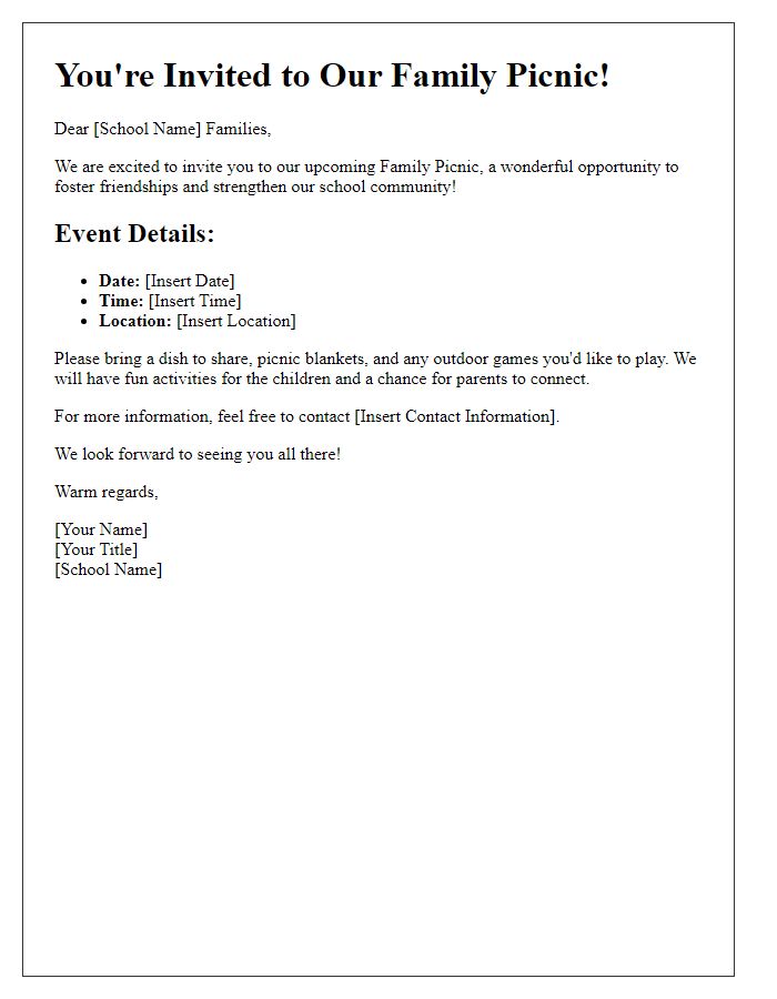 Letter template of a private school family picnic invitation for fostering friendships.