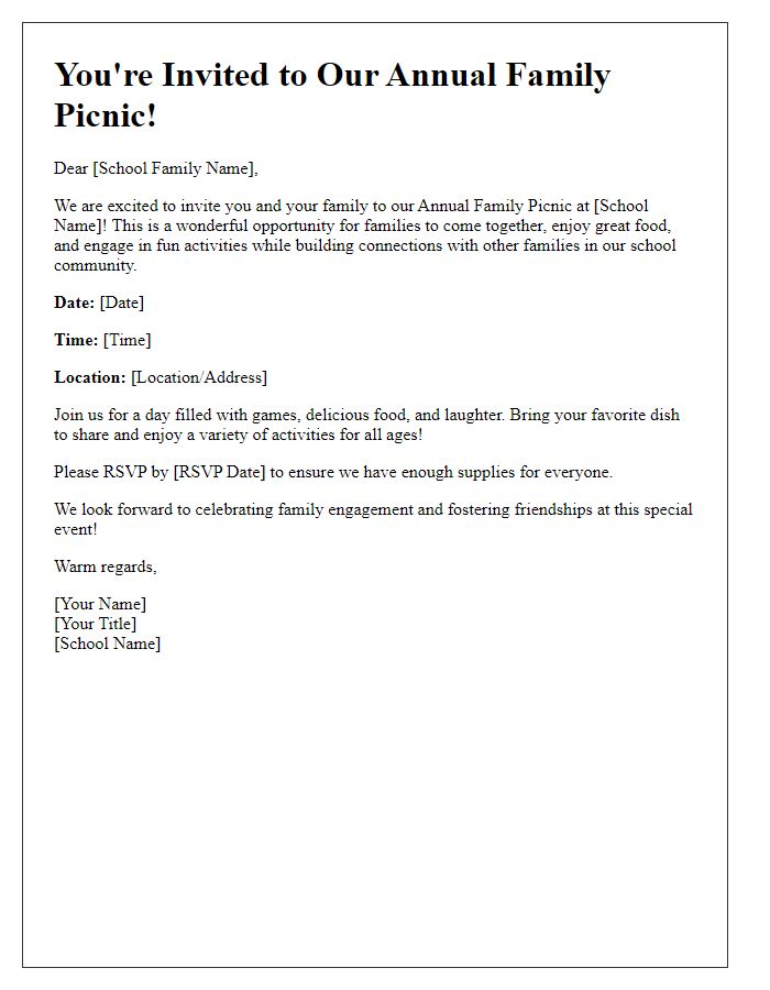 Letter template of a private school family picnic invitation highlighting family engagement.