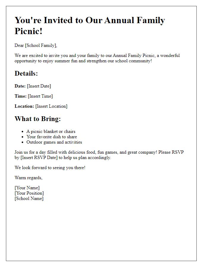 Letter template of a private school family picnic invitation for summer fun.