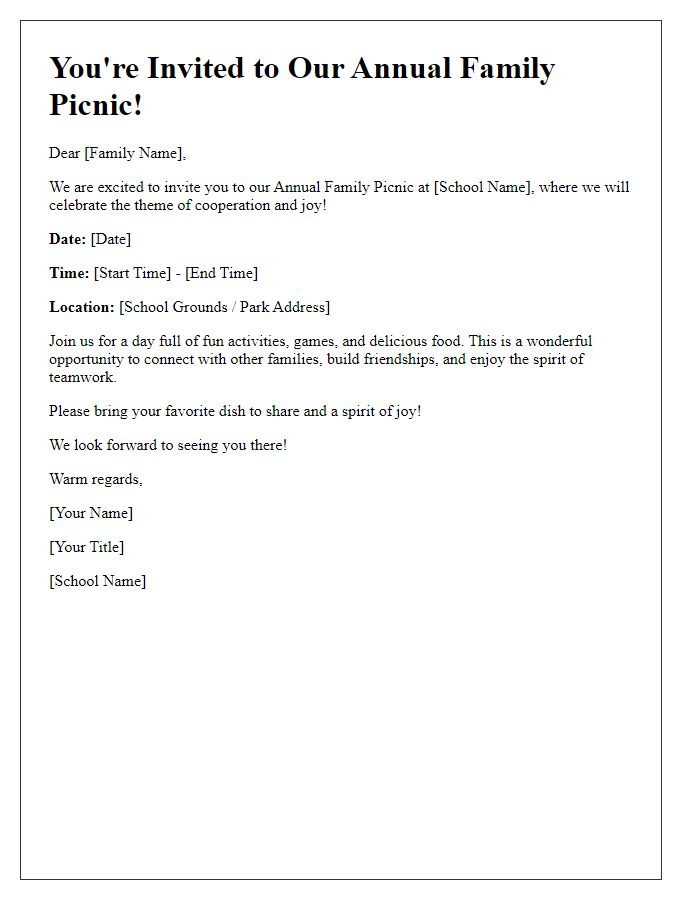 Letter template of a private school family picnic invitation with a theme of cooperation and joy.