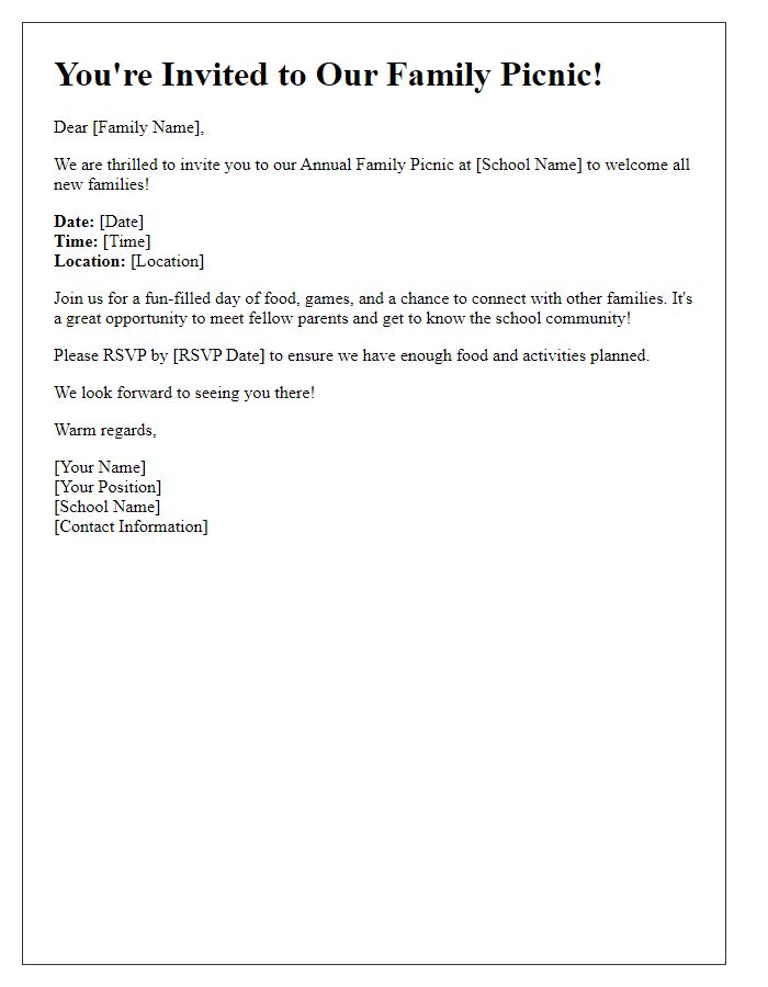 Letter template of a private school family picnic invitation to welcome new families.