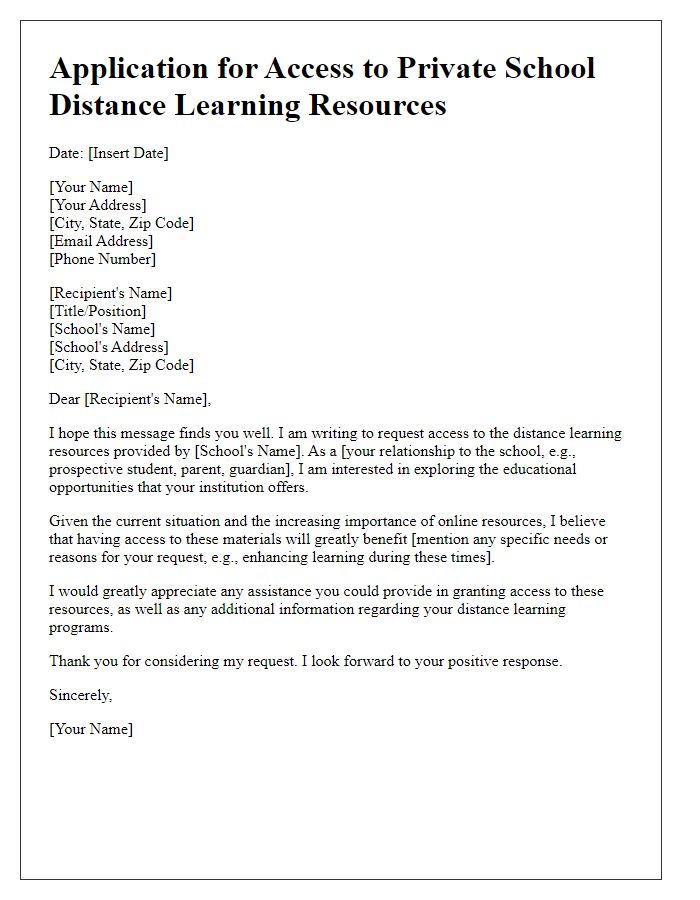 Letter template of application for access to private school distance learning resources