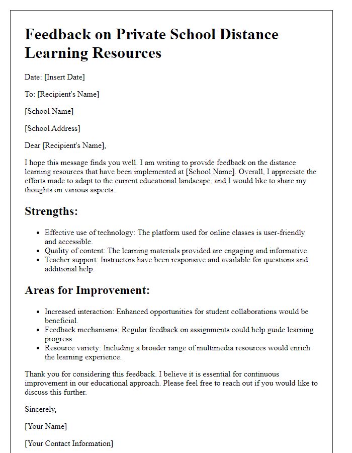 Letter template of feedback on private school distance learning resources