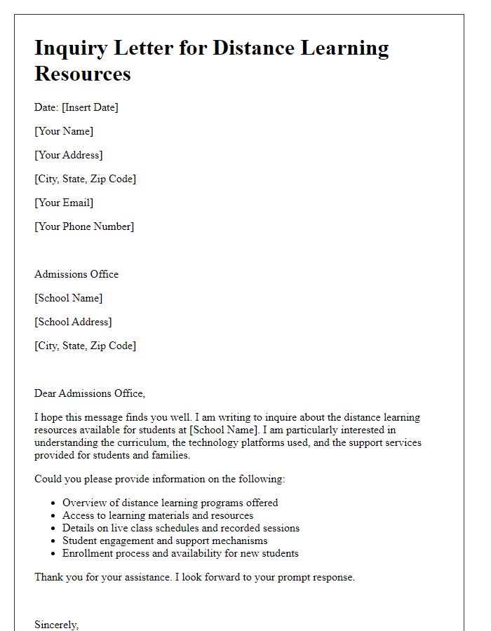 Letter template of inquiry for private school distance learning resources