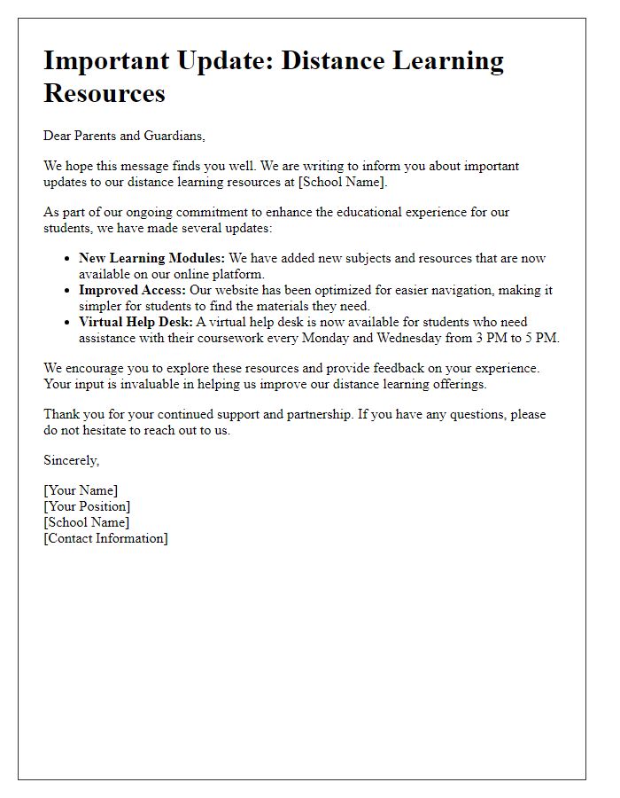 Letter template of notification about updates to private school distance learning resources