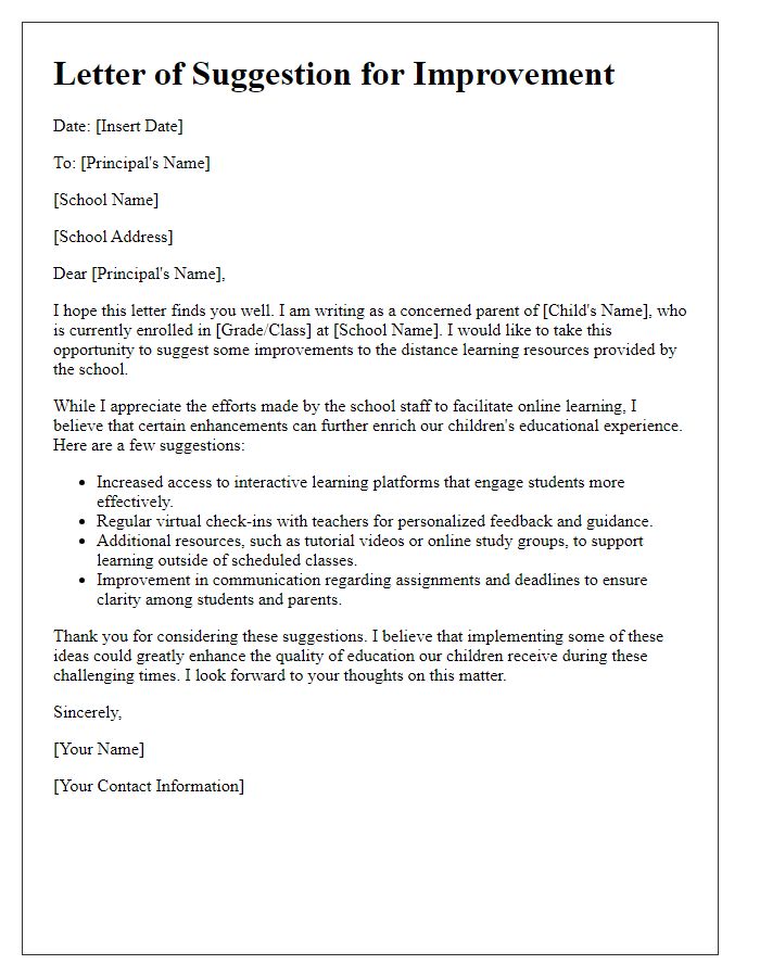 Letter template of suggestion for improvement in private school distance learning resources