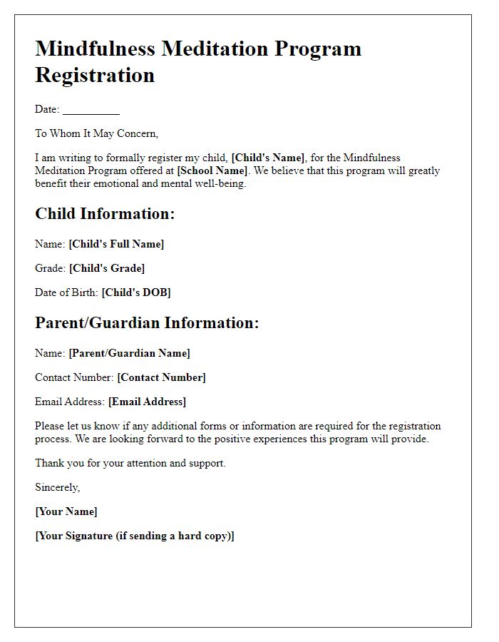 Letter template of registration for private school mindfulness meditation program.