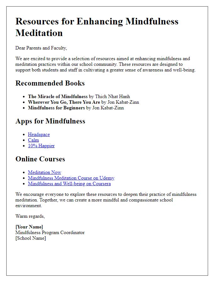 Letter template of resources for enhancing mindfulness meditation at private school.