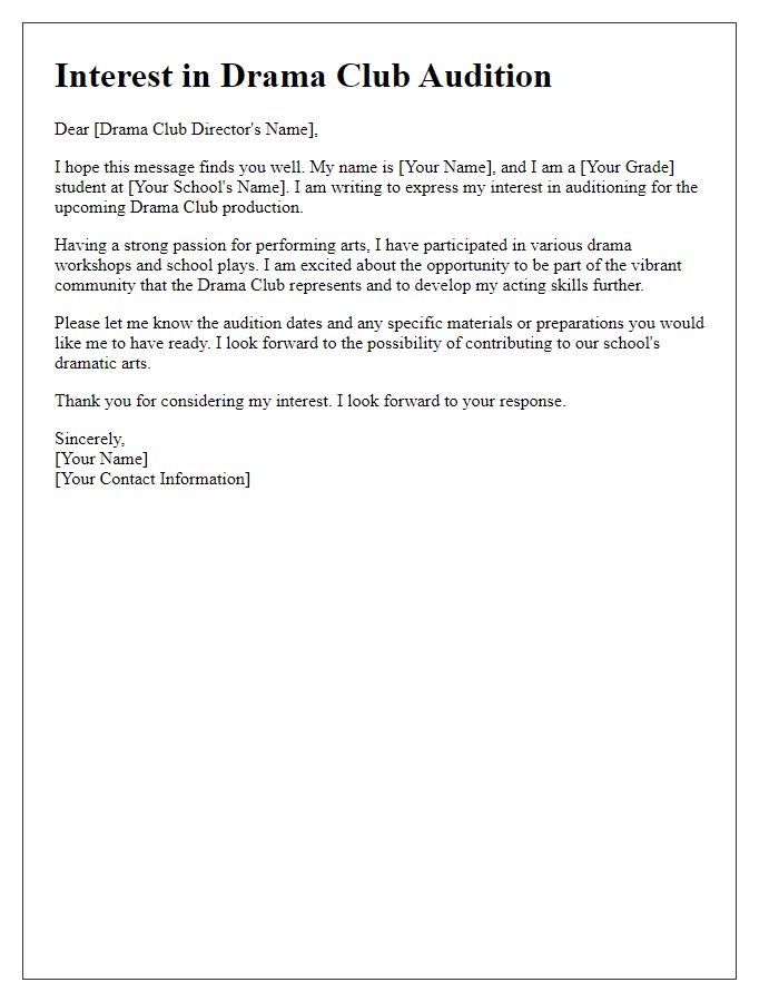 Letter template of interest in private school drama club audition.