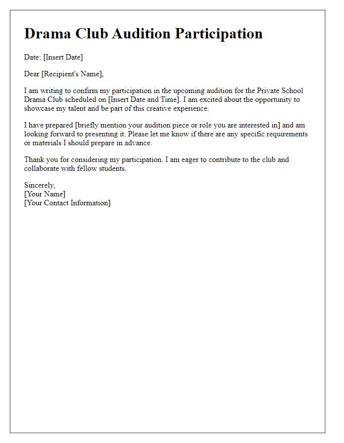 Letter template of participation in private school drama club audition.