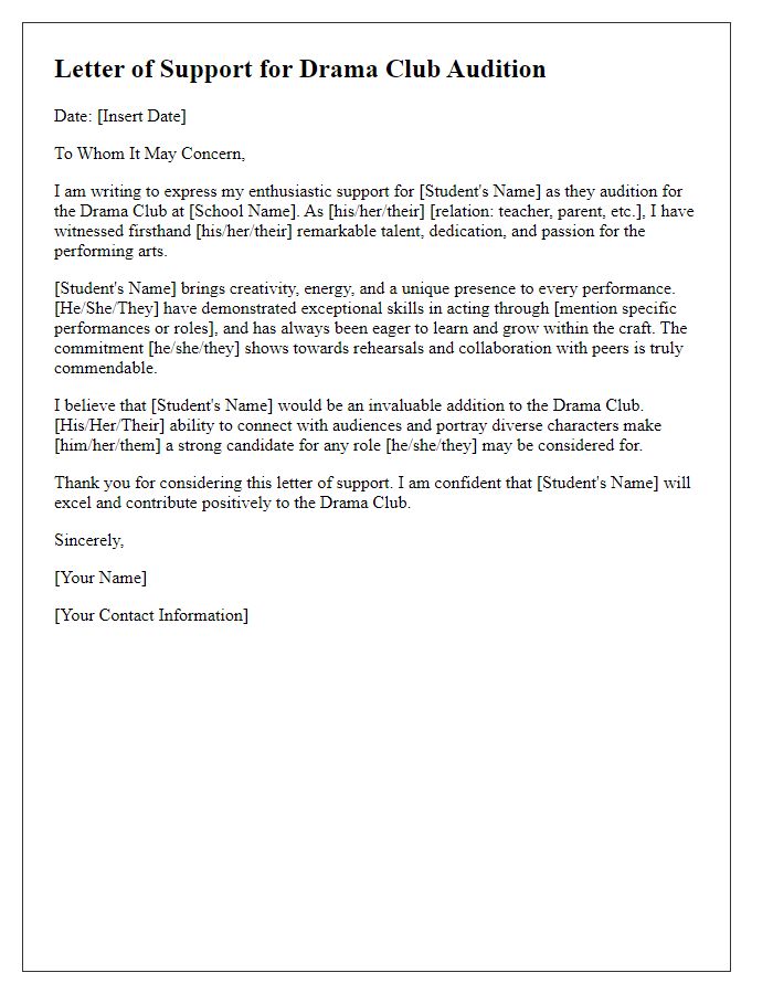 Letter template of support for private school drama club audition.