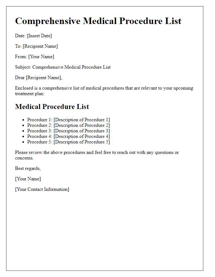 Letter template of comprehensive medical procedure list