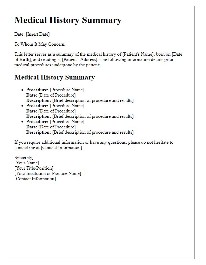 Letter template of medical history summary for prior procedures