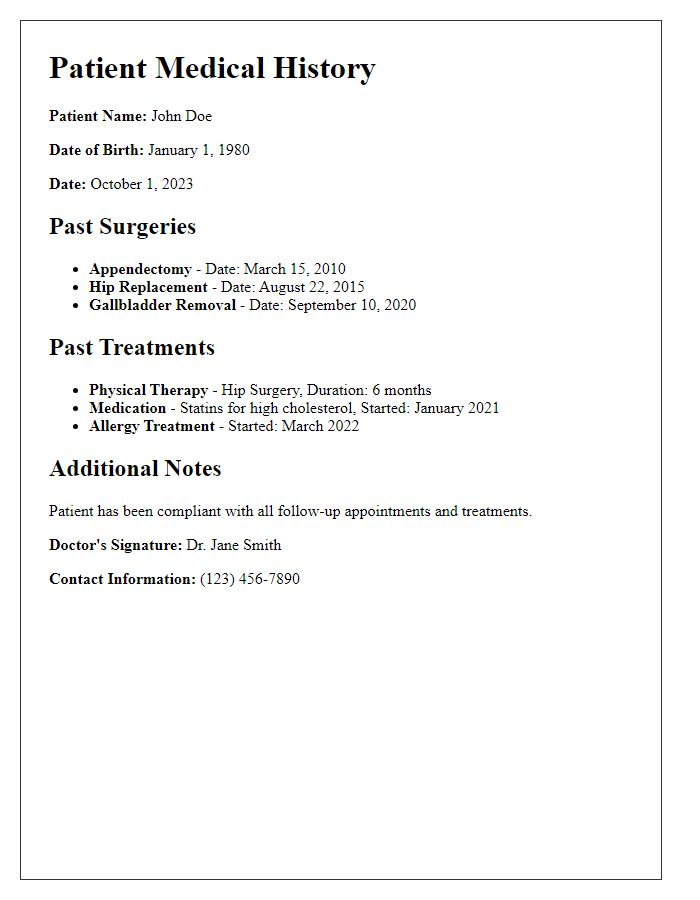 Letter template of past surgeries and treatments