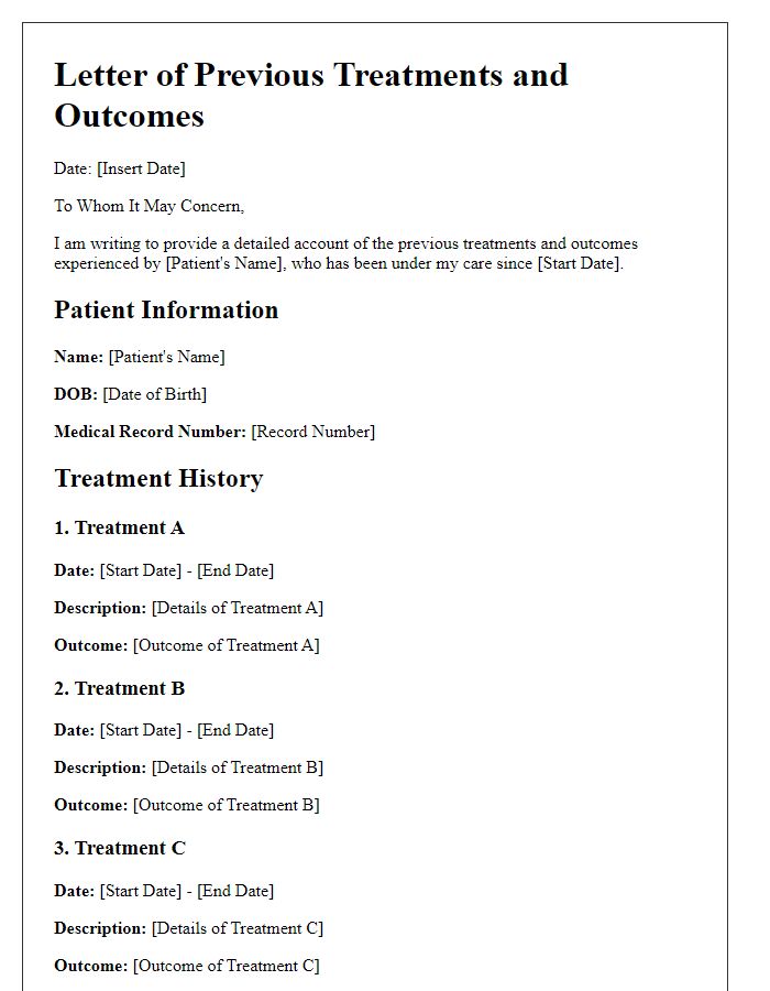 Letter template of previous treatments and outcomes