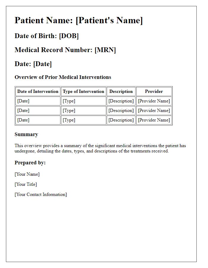 Letter template of prior medical interventions overview