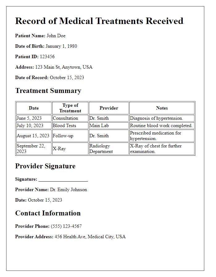 Letter template of record of medical treatments received