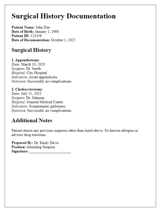 Letter template of surgical history documentation