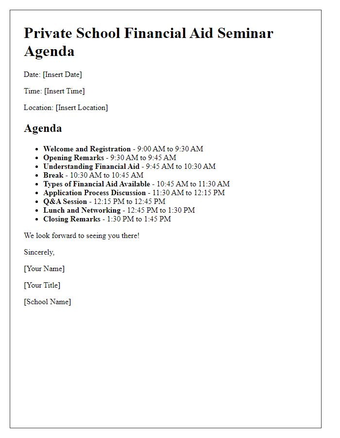 Letter template of agenda for private school financial aid seminar