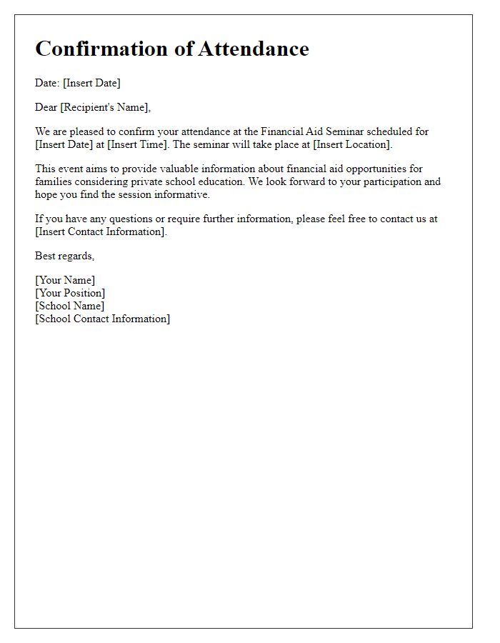 Letter template of confirmation for private school financial aid seminar attendance