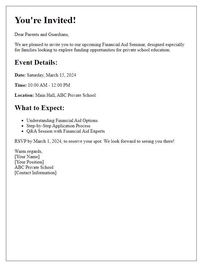 Letter template of invitation to private school financial aid seminar