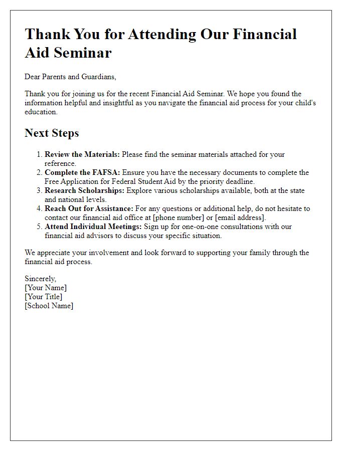 Letter template of next steps post-private school financial aid seminar