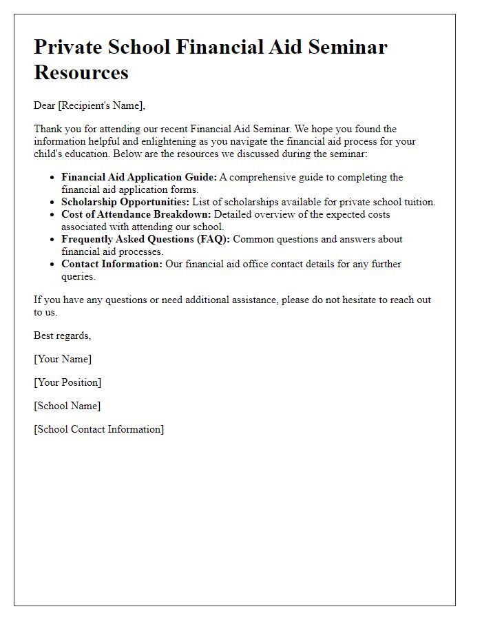 Letter template of resources provided at private school financial aid seminar