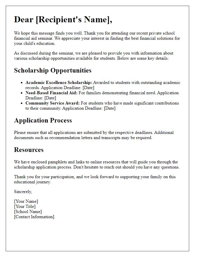 Letter template of scholarship information after private school financial aid seminar