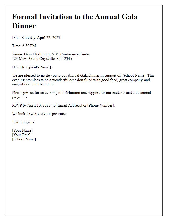 Letter template of formal invitation for private school gala dinner